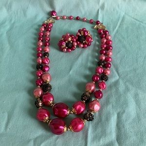Vintage Pink Bead Necklace & Earring Set